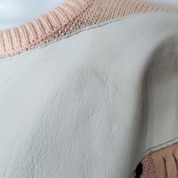 Vintage 80s Knit Leather Sweater M Rosettes Tassels Sequins Abstract Floral Pink - Picture 4 of 5